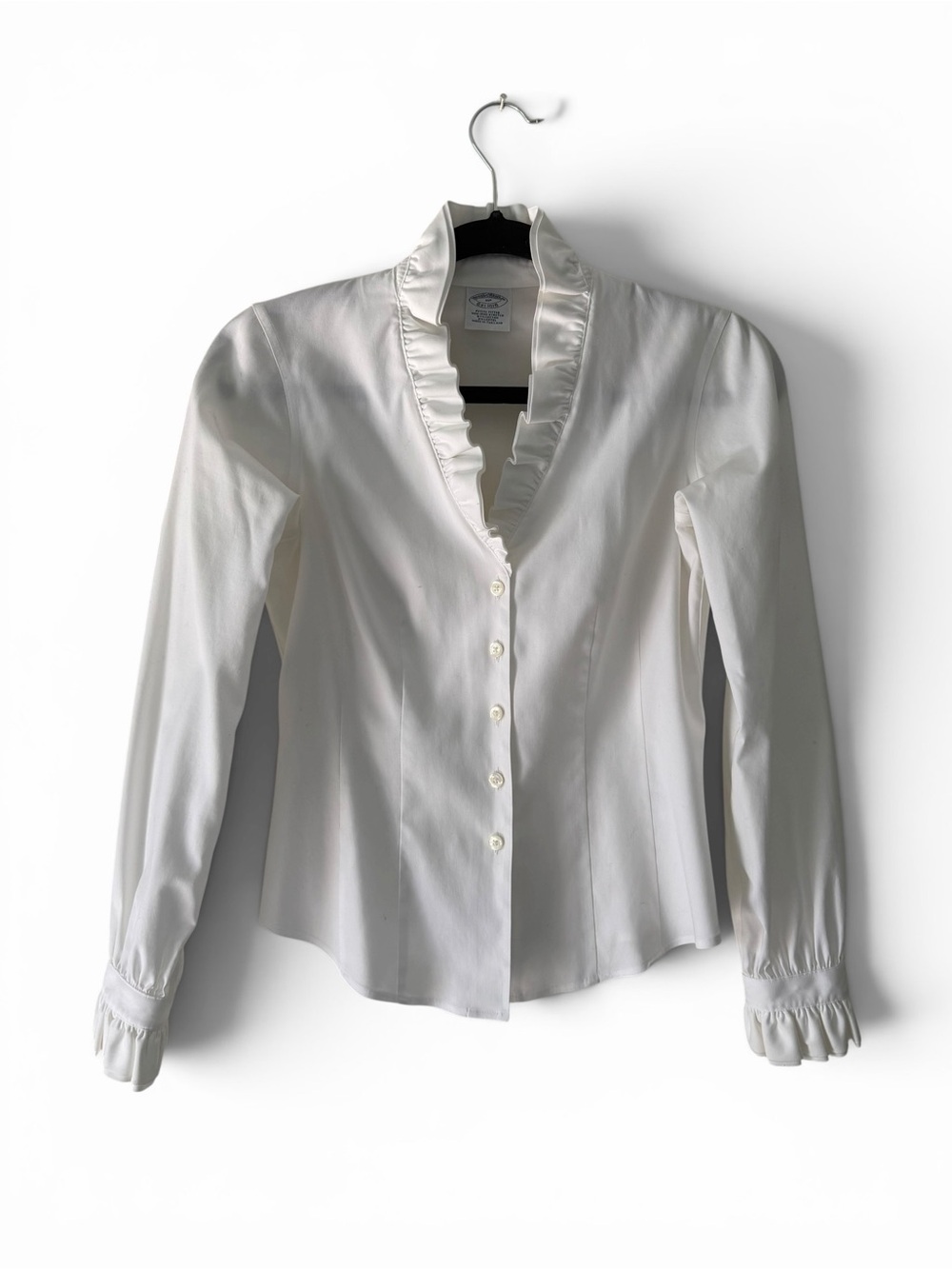 Brooks Brothers 1818 White Ruffle Stretch Button Front Blouse Petite size 0